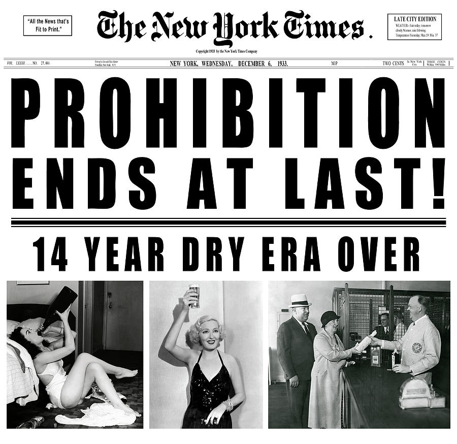 La prima pagina del New York Times del 5 dicembre 1933 celebra la fine dei quattordici anni di proibizionismo,