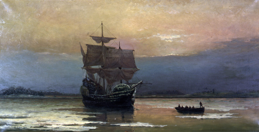Un quadro raffigurante la Mayflower, il vascello che nel 1620 portò i padri pellegrini in America, dove fondarono la città di New Plymouth nel 1620 - Halsall, 1882