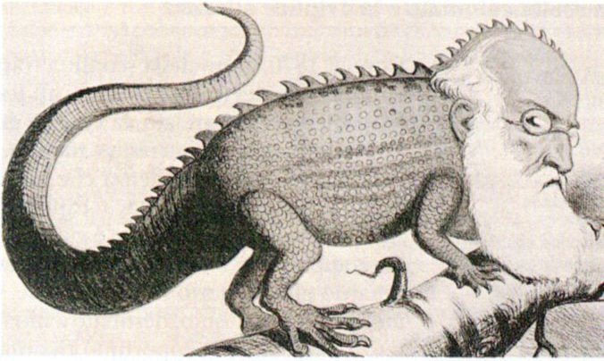Una illustrazione satirica di Depretis raffigurato come un camaleonte, chiaro riferimento al trasformismo